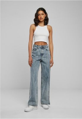 Wide-legged distressed denim for ladies.