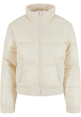Women's shiny puffer jacket with teddy cuffs