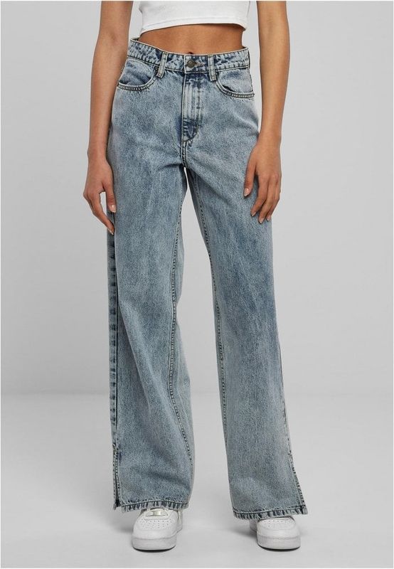 Wide-legged distressed denim for ladies.