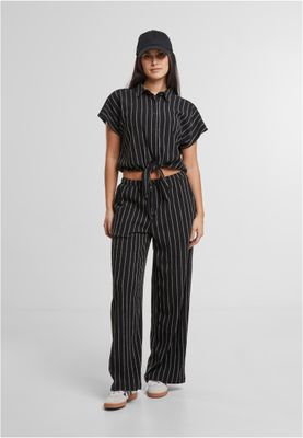 Elegant randig blus med knytning och skjortkrage