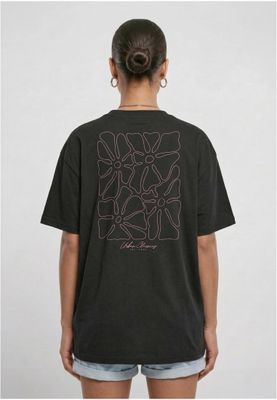 T-shirt för dam med blommönster bröst och – svart