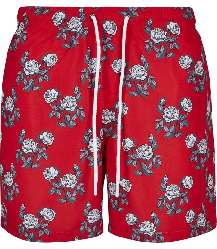 Red swim shorts with roses