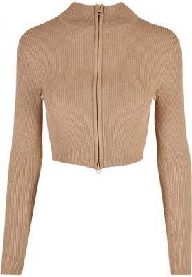 Ladies Cropped Rib Knit Zip Cardigan