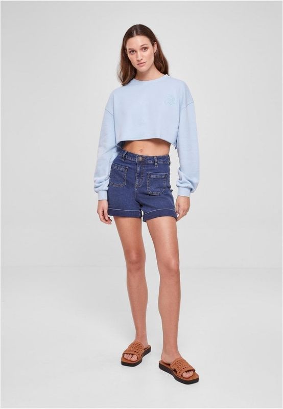 Ladies Cropped Flower Embroidery Terry Crewneck