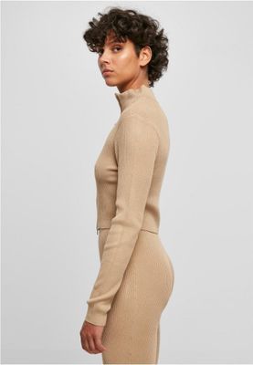 Ladies Cropped Rib Knit Zip Cardigan