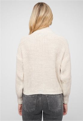 Beige pullover with stand-up collar and V-neckline