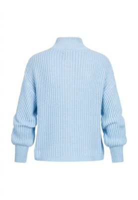 Blue pullover with stand-up collar and V-neckline