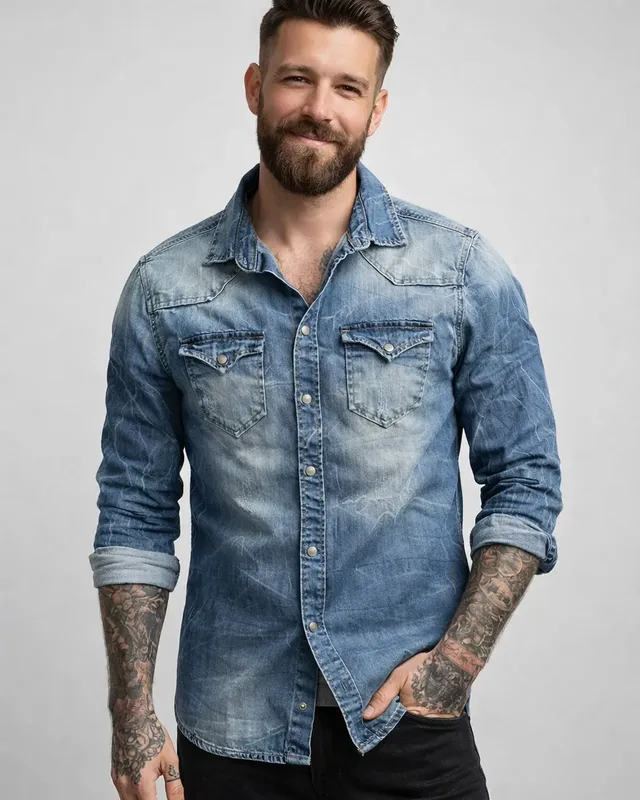 Blå sliten jeansskjorta