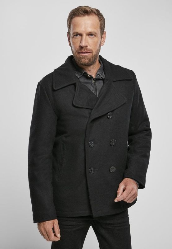 Brandit Pea Coat – black pea coat shown from the front on a model with the collar folded down
