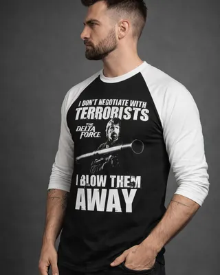 The Delta Force Chuck Norris I Blow Terrorists Away Baseball 3/4 Sleeve T-shirt – whiteblack