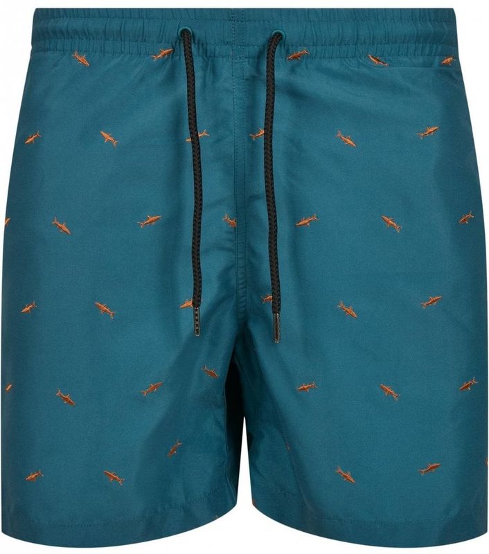 Teal swim shorts with sharks