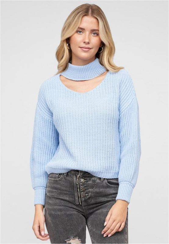 Blå pullover med stand-up krave og V-udskæring