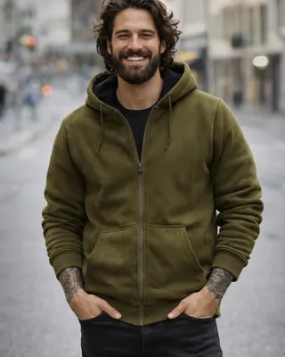 Huvtröja Sweatjacket Teddylining för herr – olive