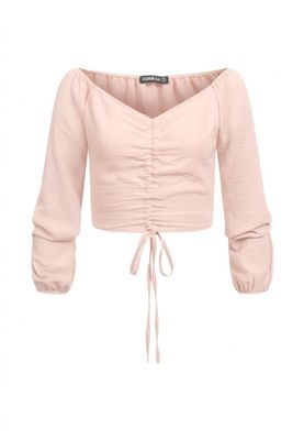 Pink short V-neck blouse with balloon sleeves