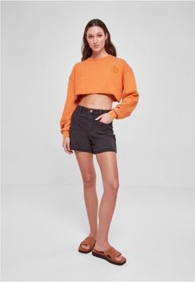Ladies Cropped Flower Embroidery Terry Crewneck