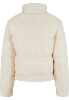 Women's shiny puffer jacket with teddy cuffs
