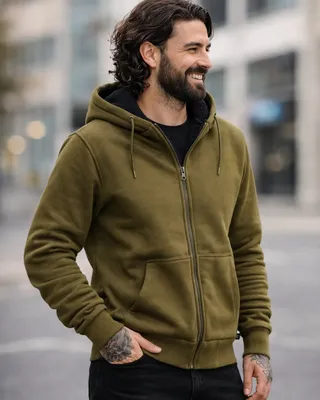 Huvtröja Sweatjacket Teddylining för herr – olive