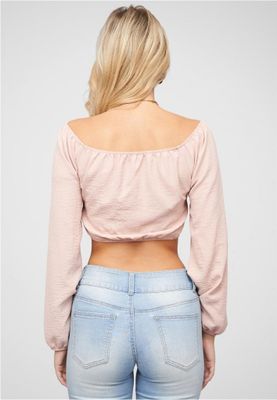 Pink short V-neck blouse with balloon sleeves