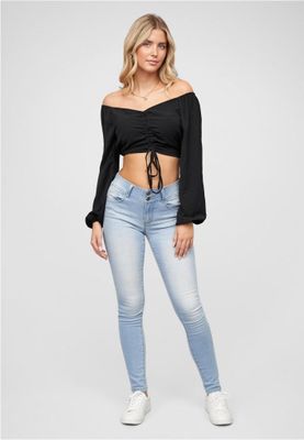 Short V-neck blouse with balloon sleeves & ruffle detail at the front