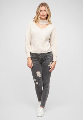 Beige pullover with stand-up collar and V-neckline