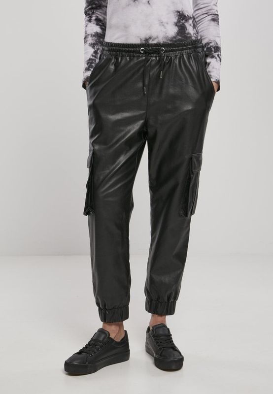 Trousers with leg pocket in fake leather