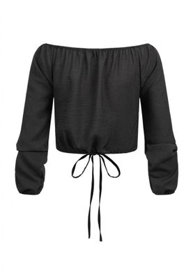 Short V-neck blouse with balloon sleeves & ruffle detail at the front