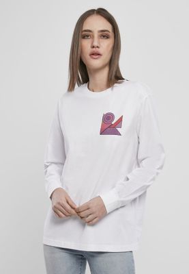 White long-sleeved sweater with abstract print