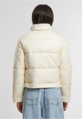 Women's shiny puffer jacket with teddy cuffs