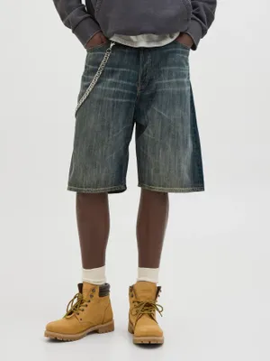 Långa mörkblå jeansshorts herr - tvättad finish