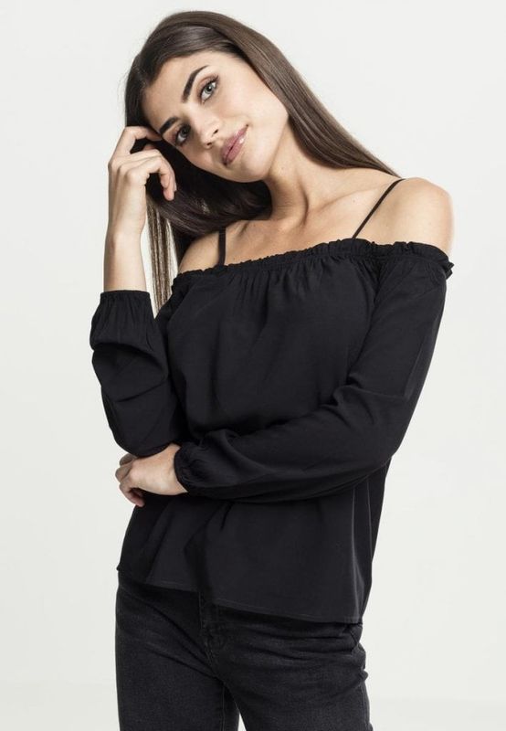 Langærmet bluse med bare skuldre