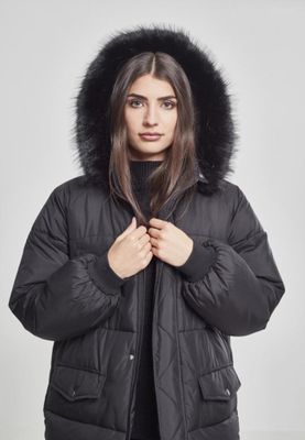 Long puff jacket with fur hood