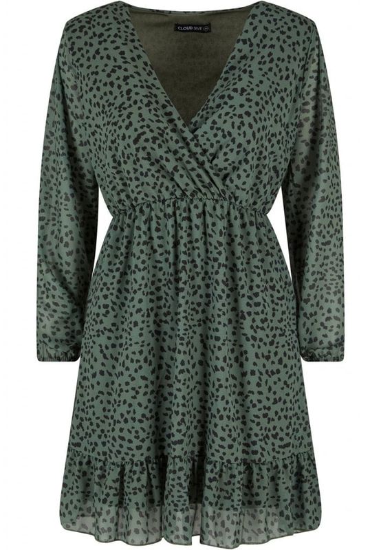 Chiffonkjole med V-hals og leopardprint
