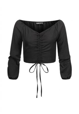 Short V-neck blouse with balloon sleeves & ruffle detail at the front