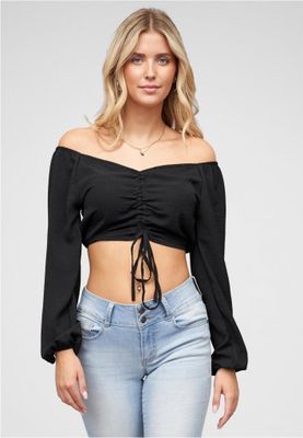 Short V-neck blouse with balloon sleeves & ruffle detail at the front