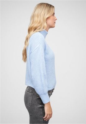 Blue pullover with stand-up collar and V-neckline