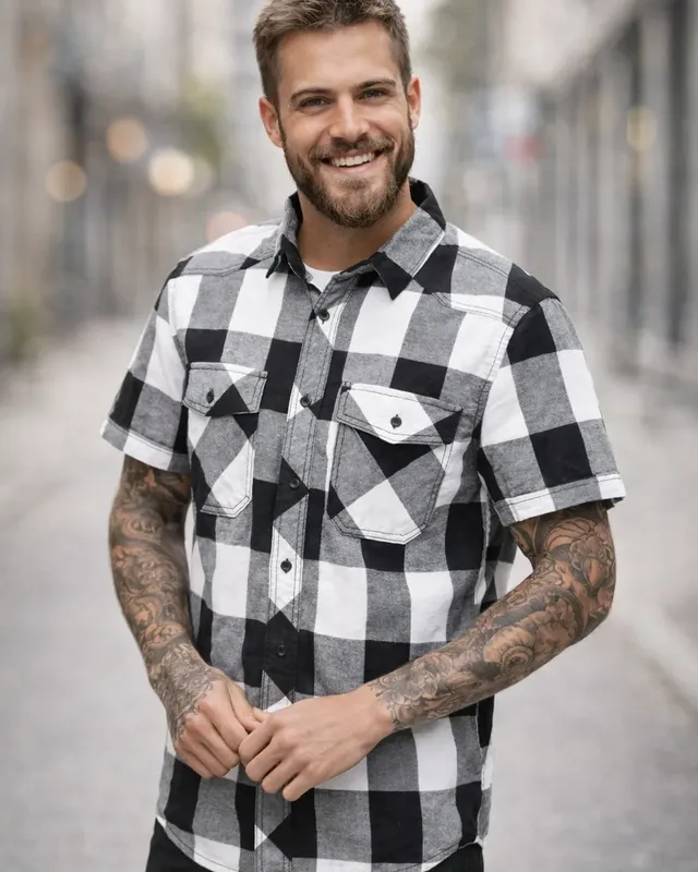 Short-sleeved flannel shirt checkered black/white