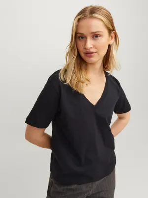 V-ringad T-shirt med kort ärm dam