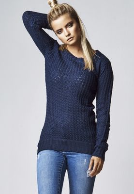 Lång stickad sweatshirt - wideneck - dam i navy