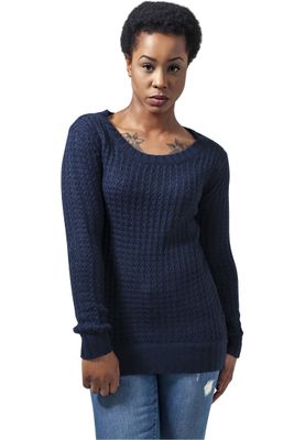 Lång stickad sweatshirt - wideneck - dam i navy