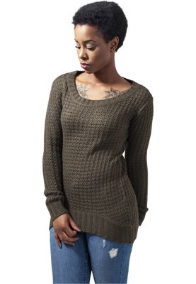 Lång stickad sweatshirt - wideneck - dam i olive