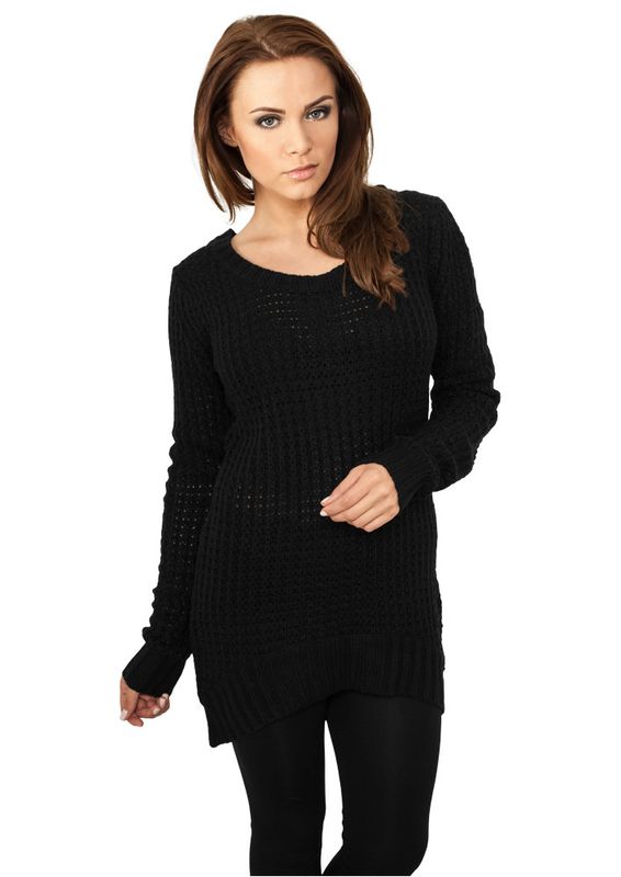 Lång stickad sweatshirt - wideneck - dam i svart