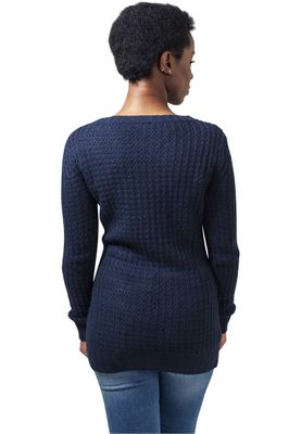 Lång stickad sweatshirt - wideneck - dam i navy