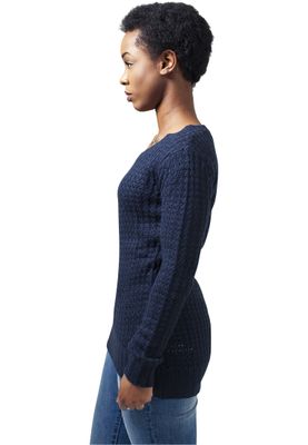 Lång stickad sweatshirt - wideneck - dam i navy