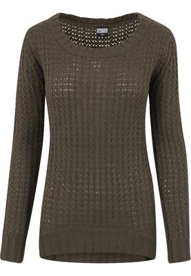 Lång stickad sweatshirt - wideneck - dam i olive