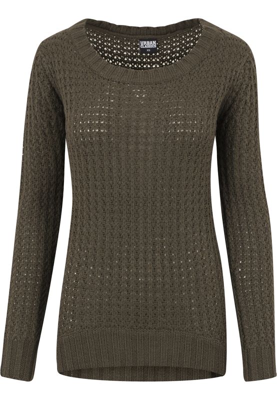 Lång stickad sweatshirt - wideneck - dam i olive