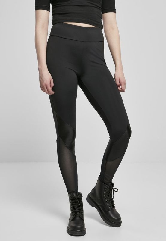 Højtaljede leggings og diagonale blondestriber under knæet