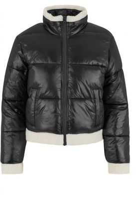Women's shiny puffer jacket with teddy cuffs