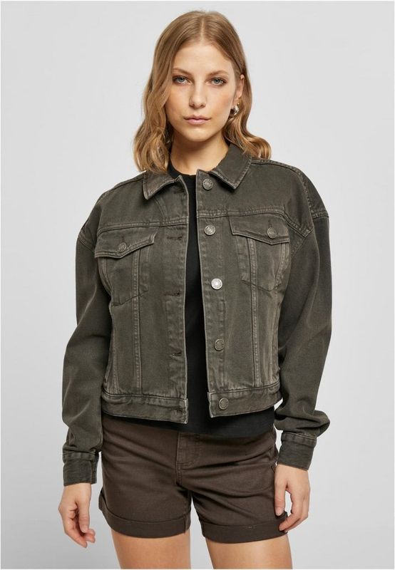 Let oversized kort denimjakke med metalknapper