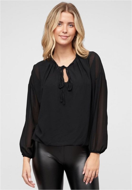 Chiffonbluse med stand-up krave og bindedetaljer