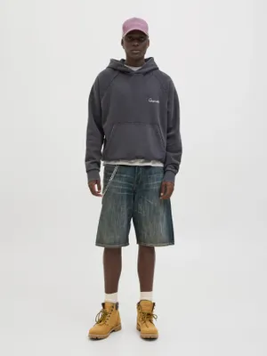 Långa mörkblå jeansshorts herr - tvättad finish